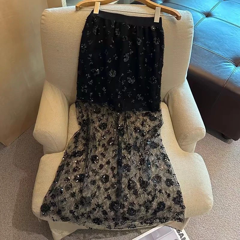 99230若香2024春夏新款透明手缝珠片时尚复古半身裙显瘦百搭