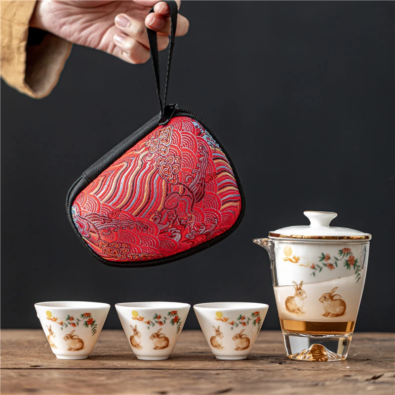 玉兔呈祥羊脂玉陶瓷便携式兔年旅行功夫茶具小套装随身泡茶快客杯