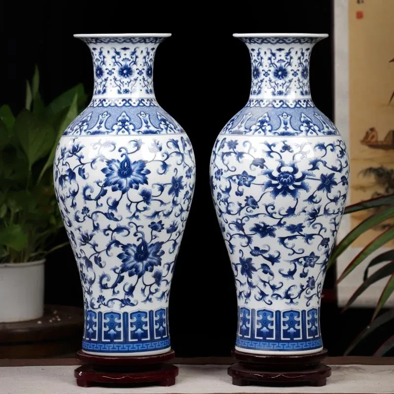 青花瓷缠枝莲花瓶景德镇陶瓷器仿古新中式家居摆件客厅插花装饰品