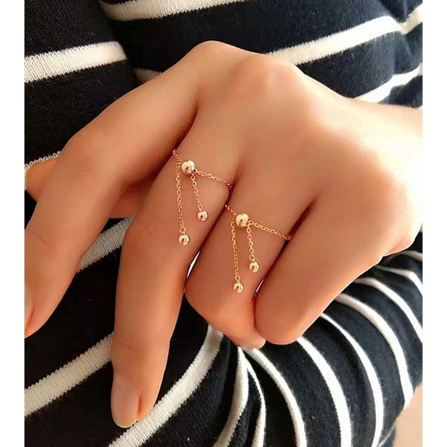 铜合金戒指 小众玫瑰黄金色软戒指女ins可调节链简约个性流苏链条