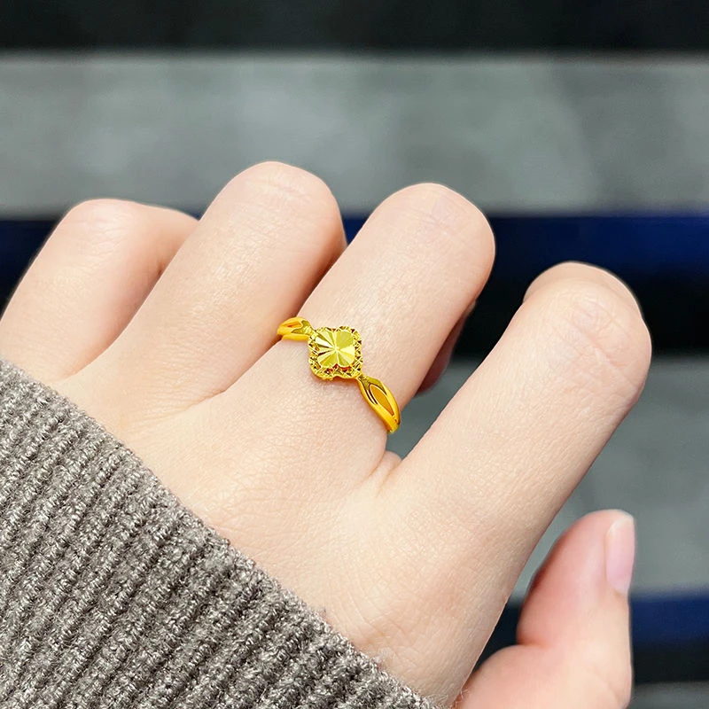 铜合金戒指 金色四叶草戒指新款闪亮素圈戒子开口指环小众轻奢