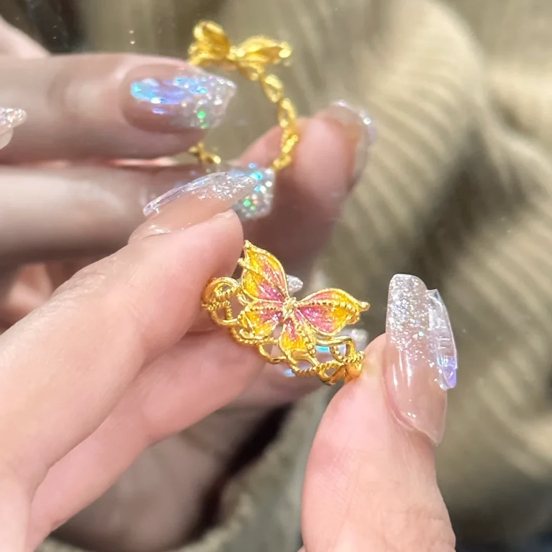 铜合金戒指 金色珐琅彩绝美梦幻蝴蝶蕾丝戒指女项链烧蓝锁骨链
