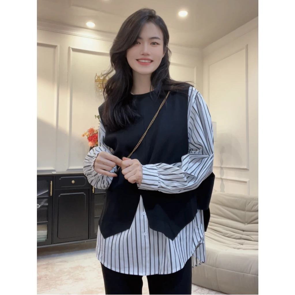 【假两件套衬衣】欧洲站衬衫时尚休闲宽松条纹拼接两件套撞色H1pp