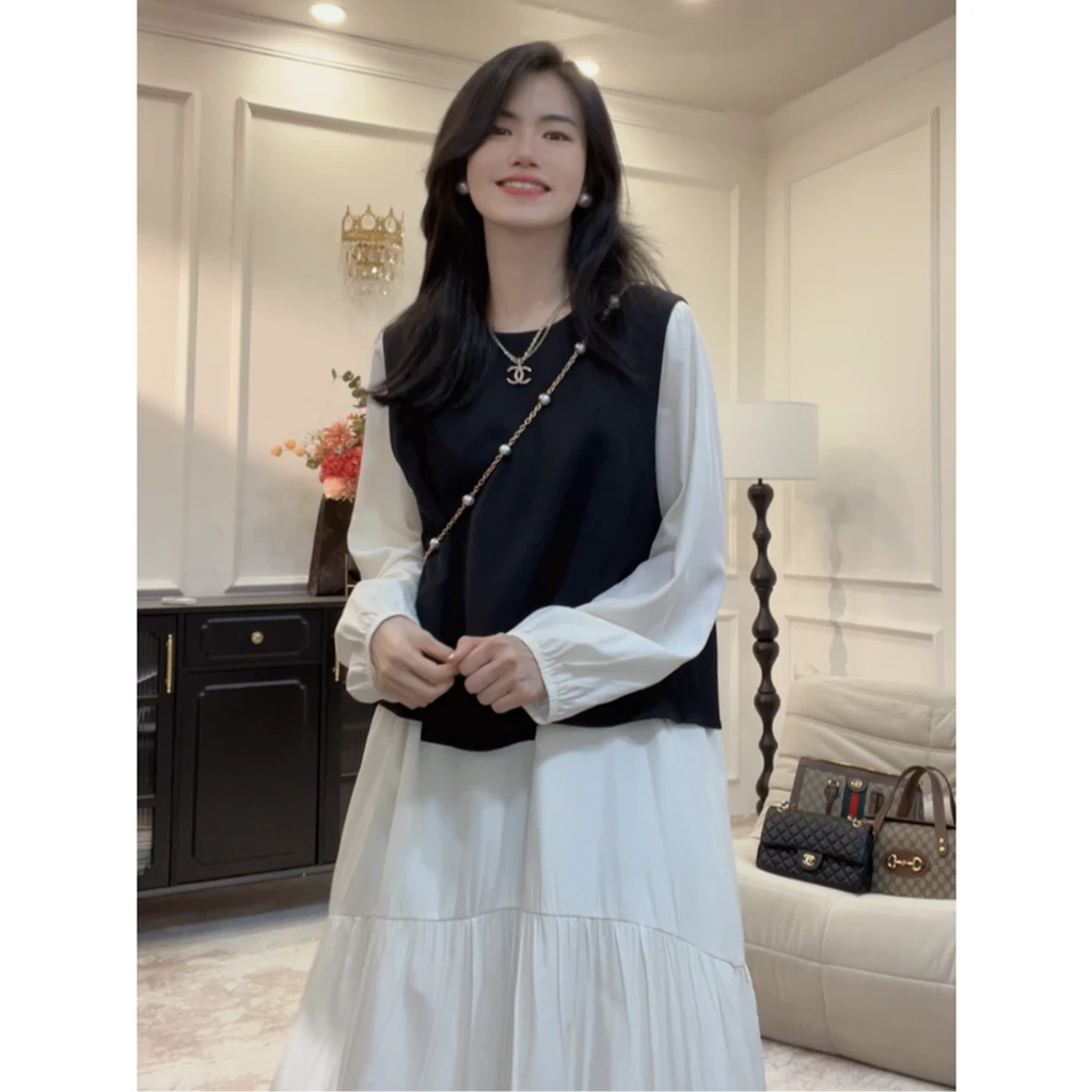 现货【二重奏-连衣裙】假两件西装马甲拼接设计师极简鱼尾连衣裙pp