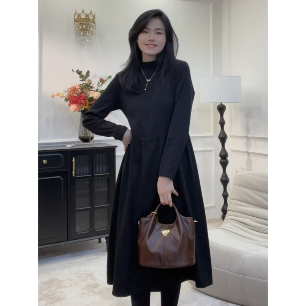 【冬日情调】内里加绒~秋冬新款赫本风连衣裙黑色（裙长113cm）pp