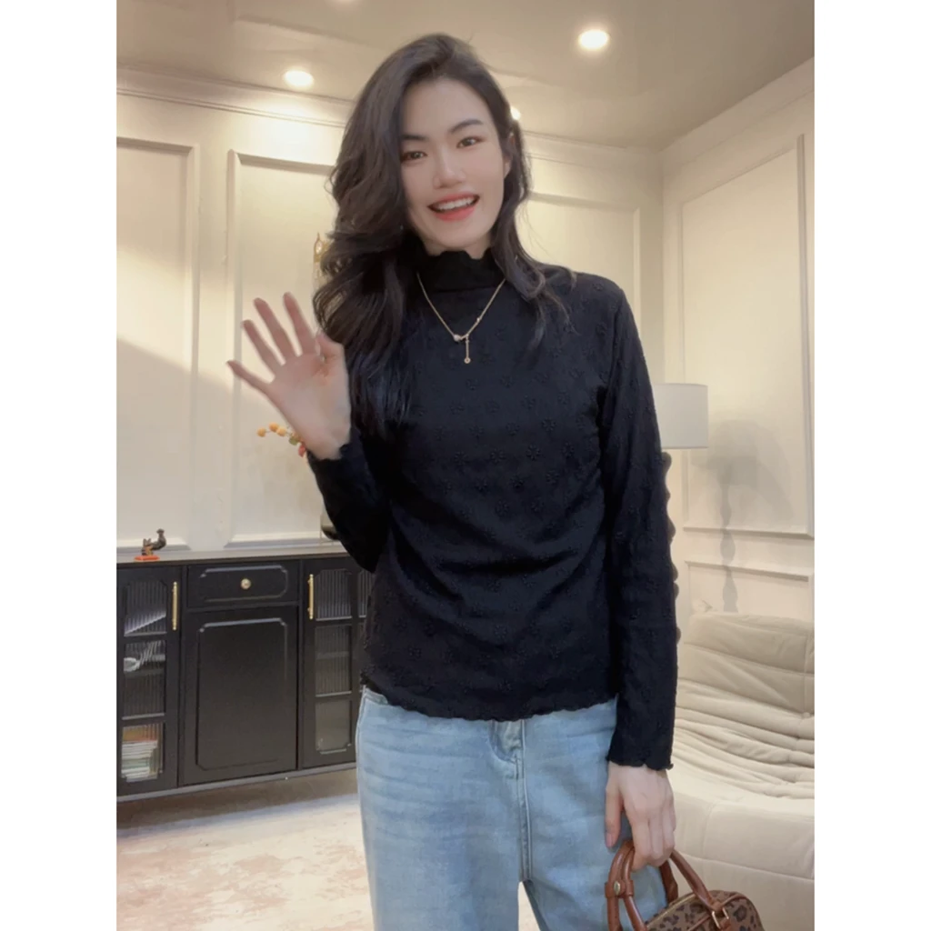 定制面料T恤半高领蕾丝打底衫女秋季显瘦气质内搭pp