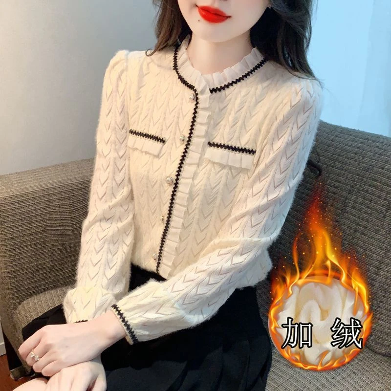 加绒加厚秋冬款蕾丝衫女法式小香风洋气衬衫百搭气质上衣