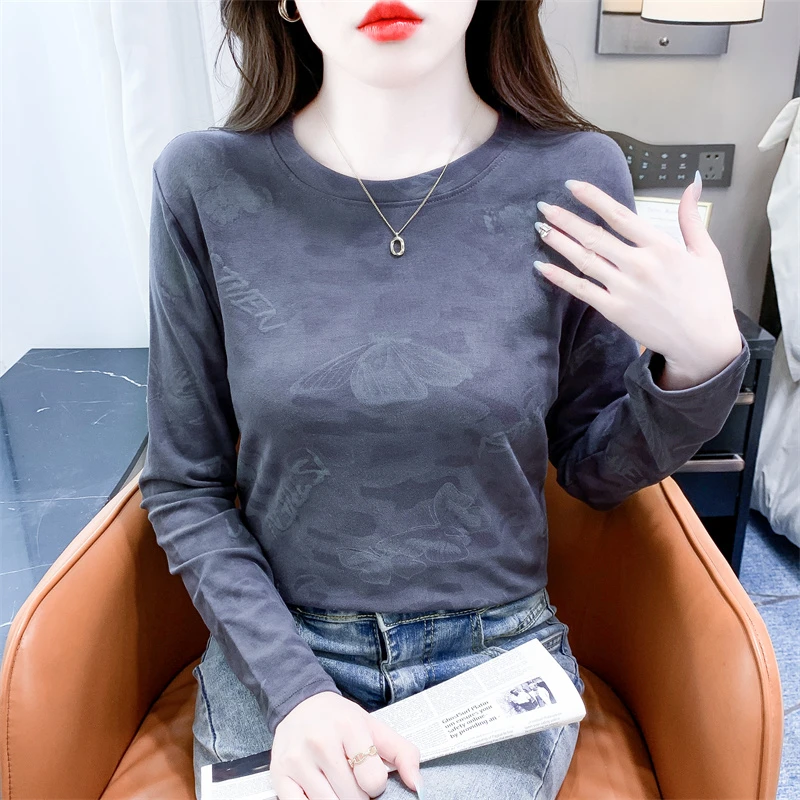 时尚扎染印花圆领打底衫女春秋冬新款修身显瘦百搭洋气体恤上衣潮