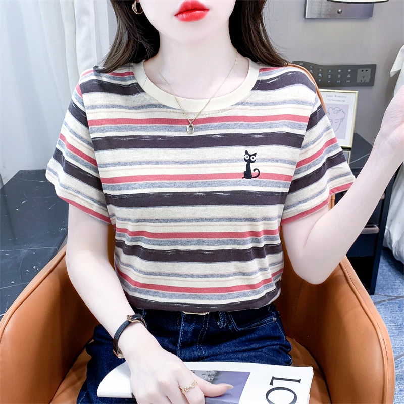 撞色猫咪刺绣条纹短袖T恤女夏季新款宽松简约休闲百搭圆领上衣潮