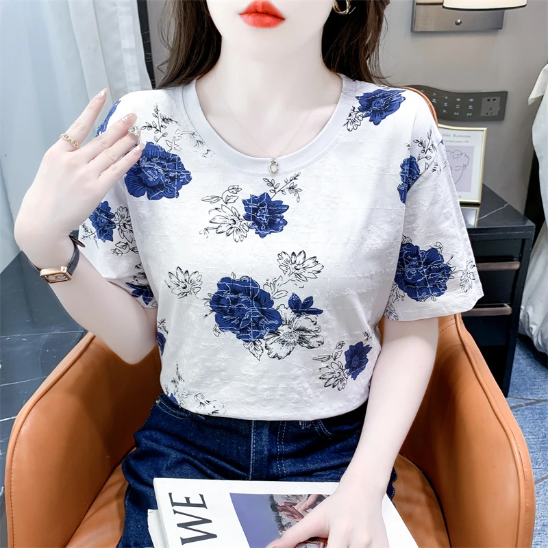 时尚印花白色t恤女短袖夏装新款宽松休闲显瘦遮肚子洋气圆领上衣