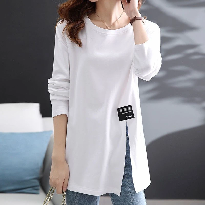 宽松休闲大版型中长款白T恤女长袖春秋季新款下摆开叉上衣打底衫