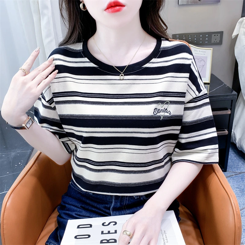 时尚条纹短袖t恤女夏季新款宽松休闲显瘦洋气百搭圆领体恤上衣