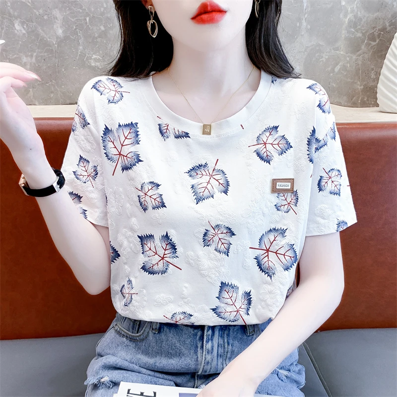 短袖印花t恤女宽松休闲体恤2024年夏季百搭减龄夏装洋气小众上衣