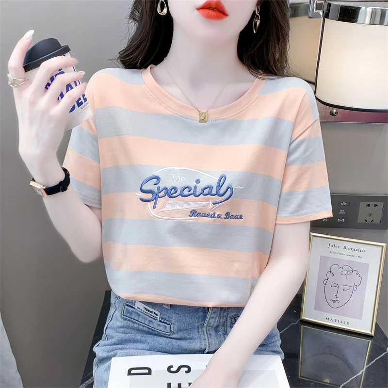 夏季条纹宽松女士短袖新款韩版洋气字母刺绣百搭休闲显瘦小众上衣