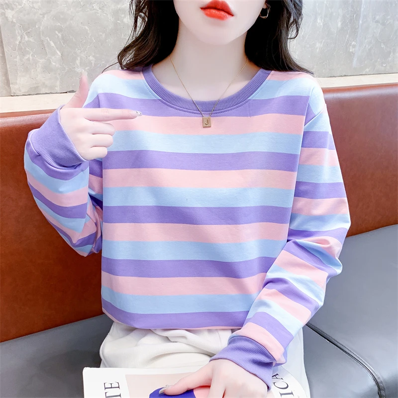 时尚紫色条纹卫衣秋装女2024新款宽松薄款秋冬打底衫长袖t恤上衣