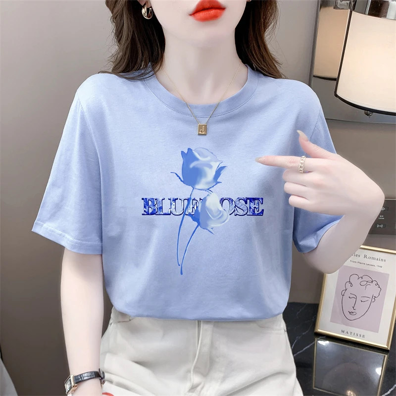 夏季女装时尚印花休闲半袖女士t恤短袖新款宽松高级感蓝色上衣女