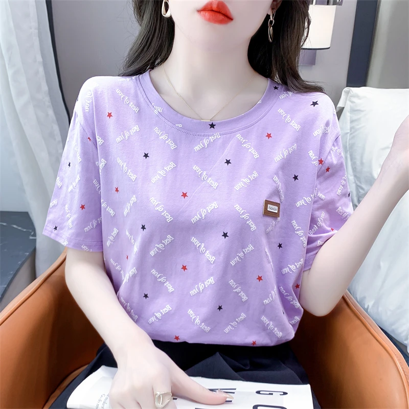 短袖t恤ins潮夏季新款宽松女装正肩白色印花体恤上衣半袖百搭夏装