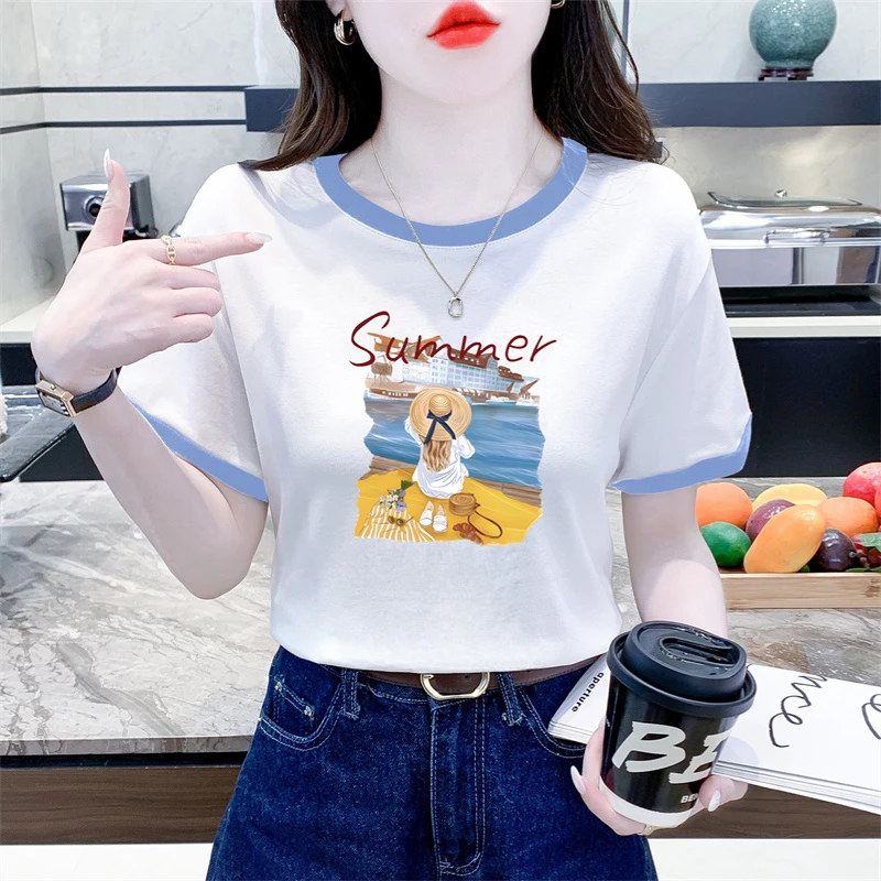 小众撞色印花短袖T恤女夏季新款时尚洋气宽松百搭白色圆领半袖女