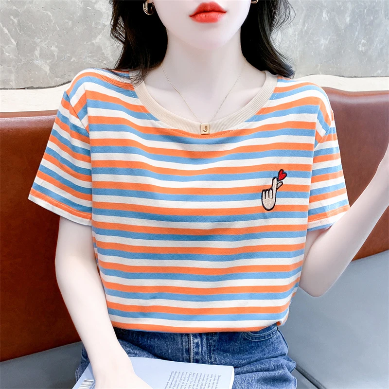 彩色条纹短袖t恤女夏季时尚刺绣百搭减龄洋气夏装纯棉正肩上衣潮