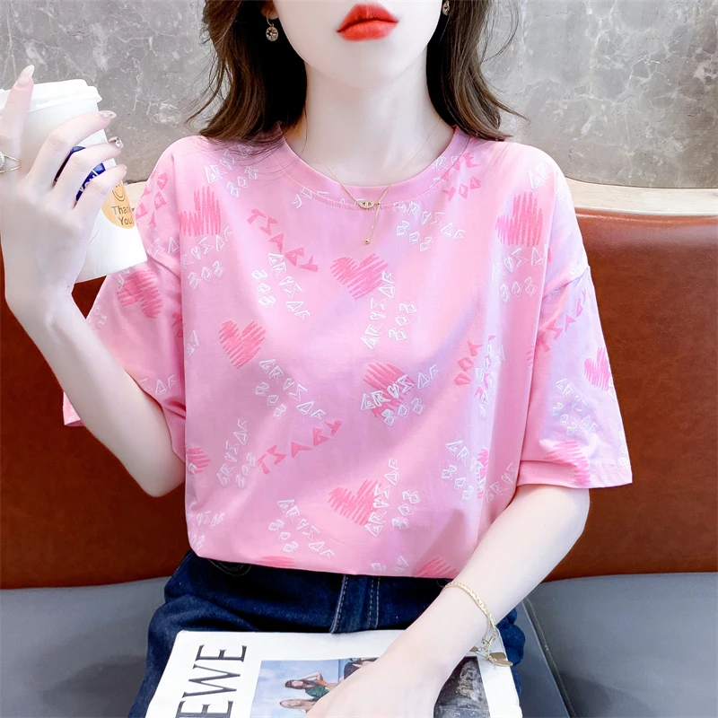 夏装ins短袖t恤女2024夏季新款宽松印花休闲体恤半袖百搭时尚上衣