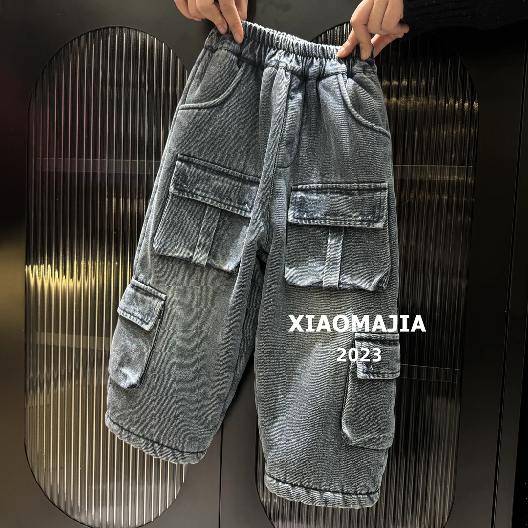 儿童冬季一体绒加绒加厚工装牛仔裤中性韩版男女童裤【D-9937】