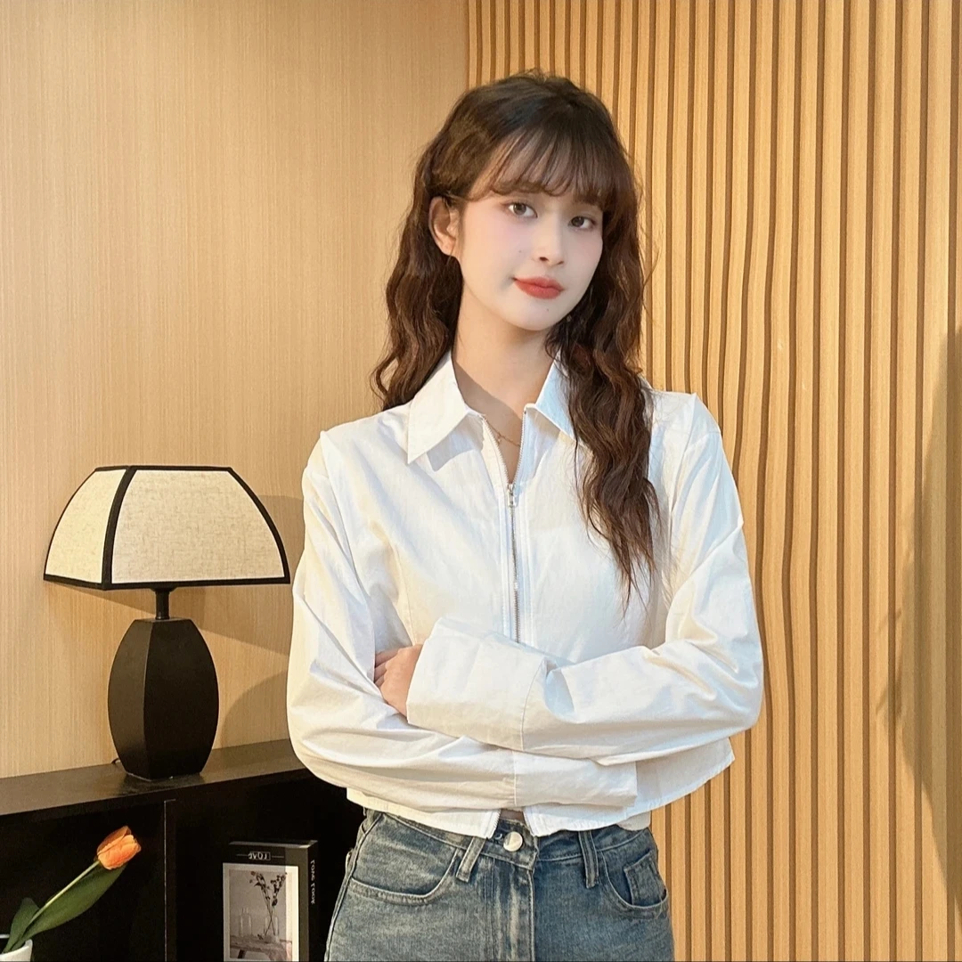 2024年新款白色拉链衬衫女设计感小众衬衣显瘦百搭时尚短款上衣女