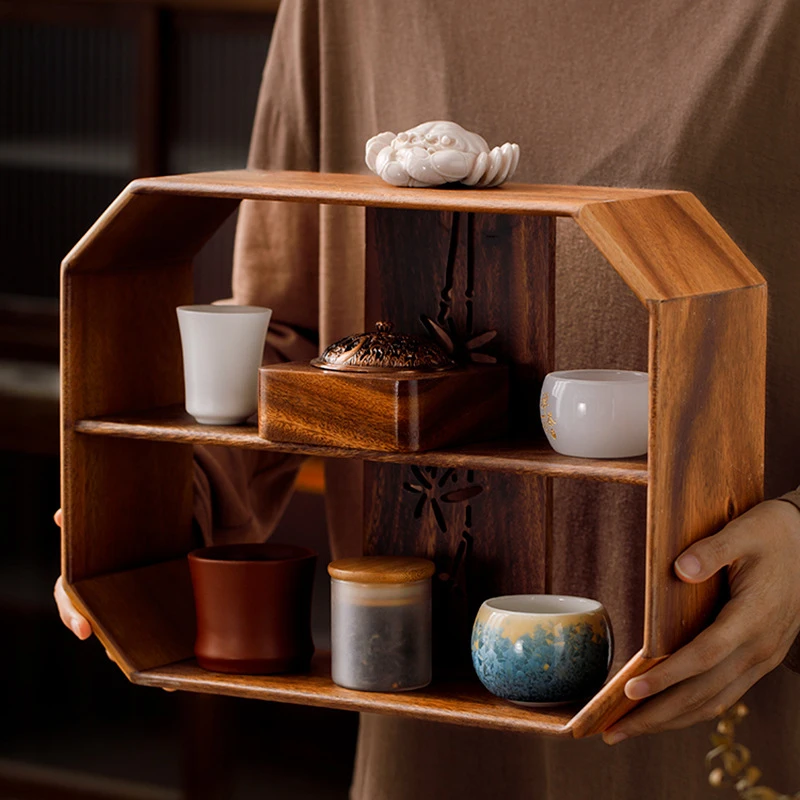 胡桃木窗花镂空桌面置物架家用茶具收纳架展示架茶室多宝格博古架