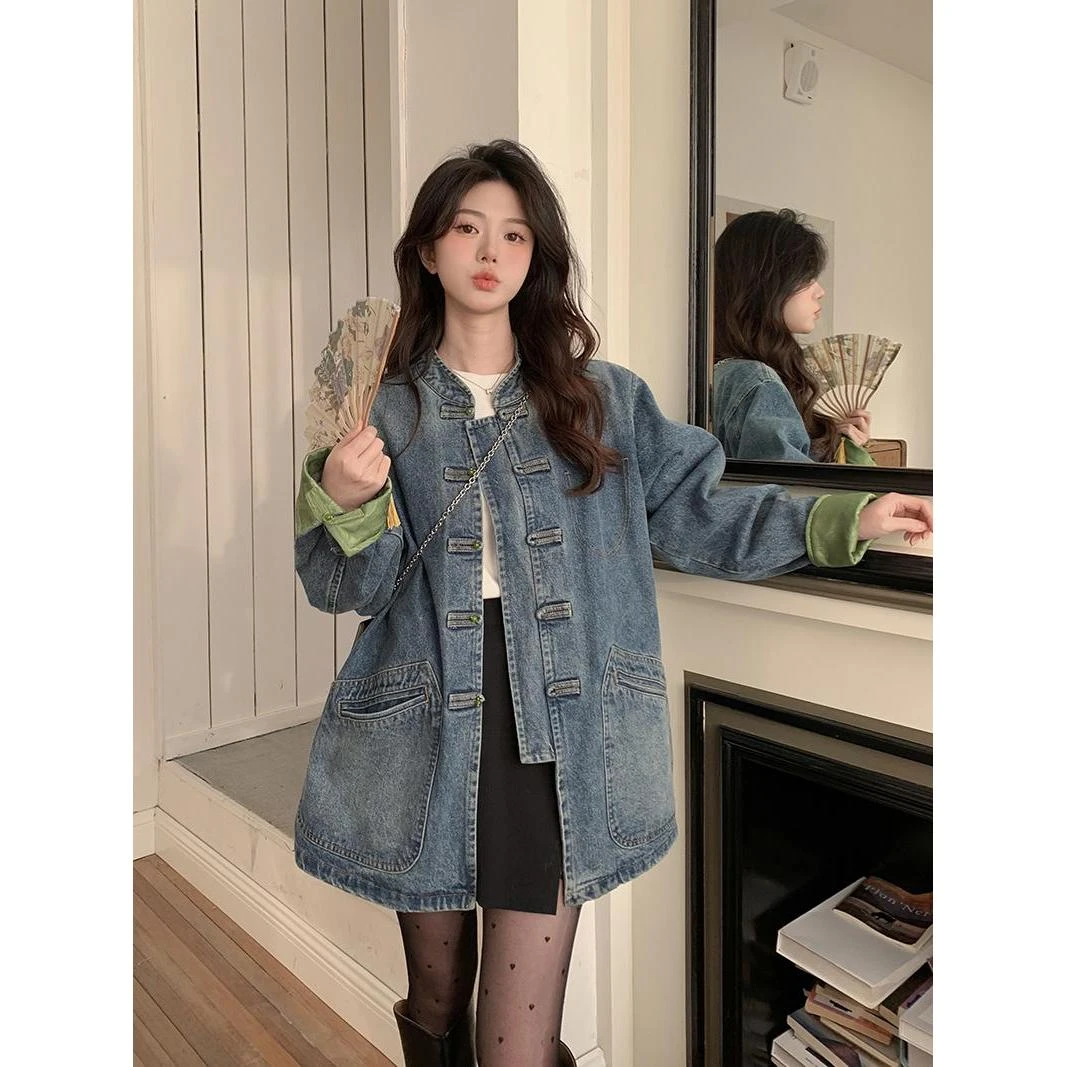 大码 新中式立领盘扣牛仔外套女复古休闲宽松显瘦上衣  7134#