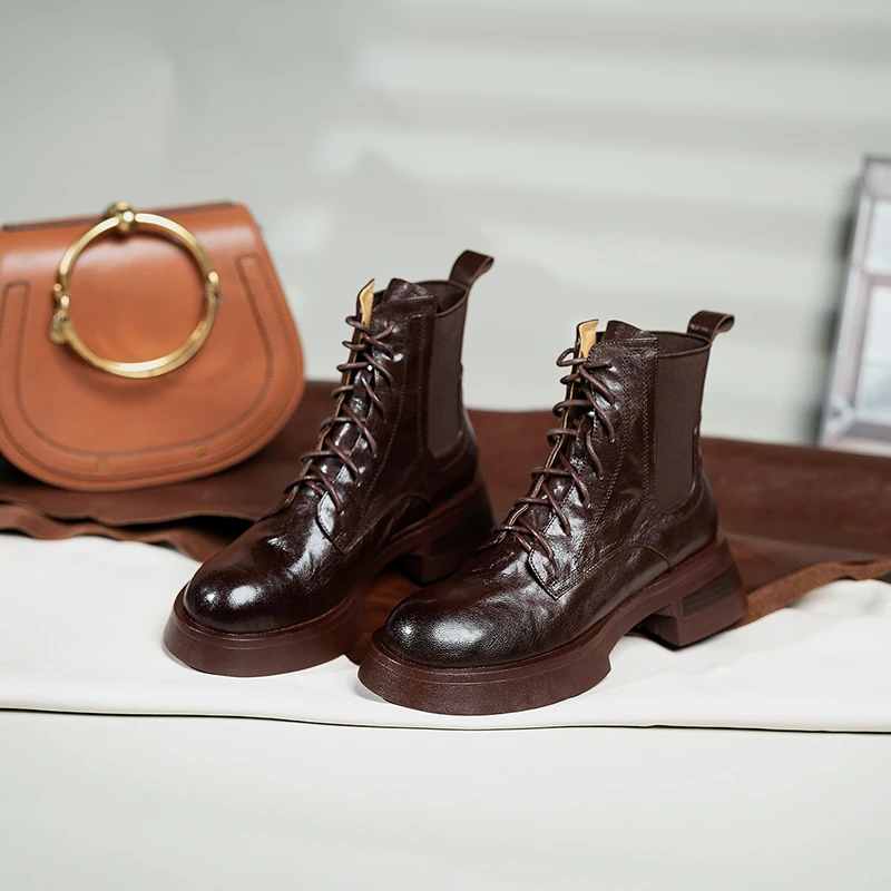 【牛皮仙】跟高4.5cm/鞋码34-42/秋冬季新款短靴女厚底真皮马丁靴