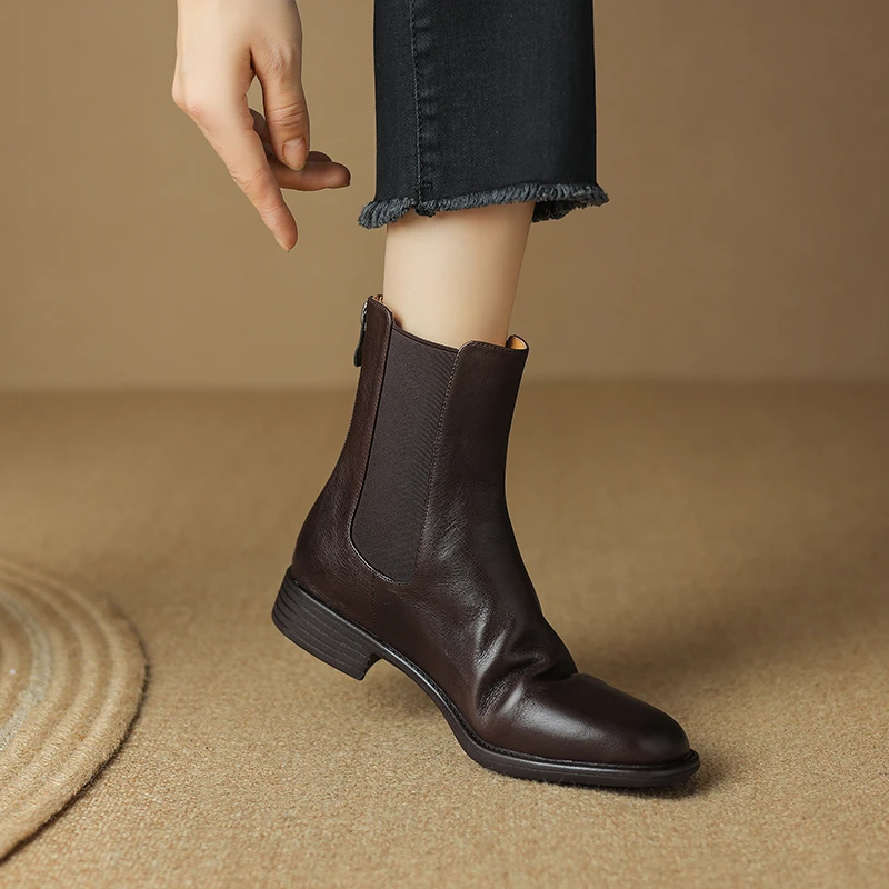【牛皮仙】跟高3cm/鞋码33-42/秋冬新款百搭真皮短靴后拉链圆头女靴