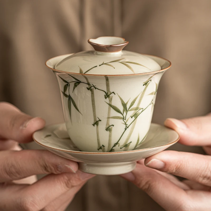翠绿文竹三才盖碗单个高档家用泡茶功夫茶具中式陶瓷茶碗带盖防烫