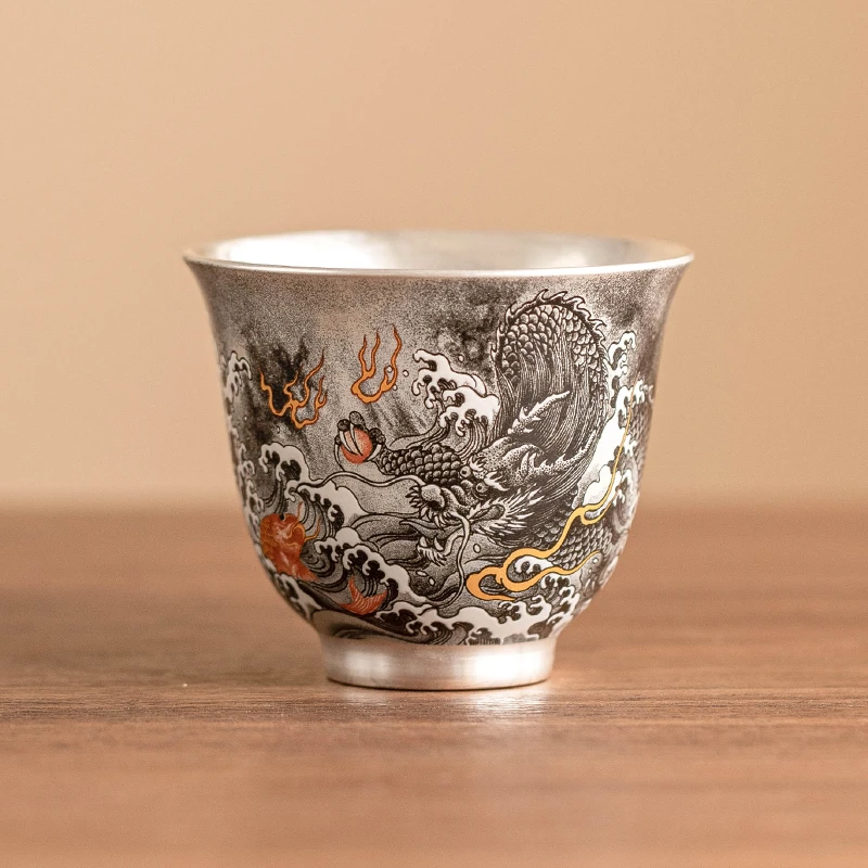 鱼化墨龙主人杯单杯水墨风高档单个茶具茶杯999鎏银功夫茶品茗杯