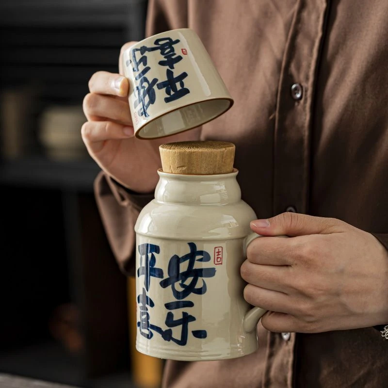 汝窑小暖壶家用带盖马克杯大容量陶瓷暖手瓶办公室主人杯手绘便携