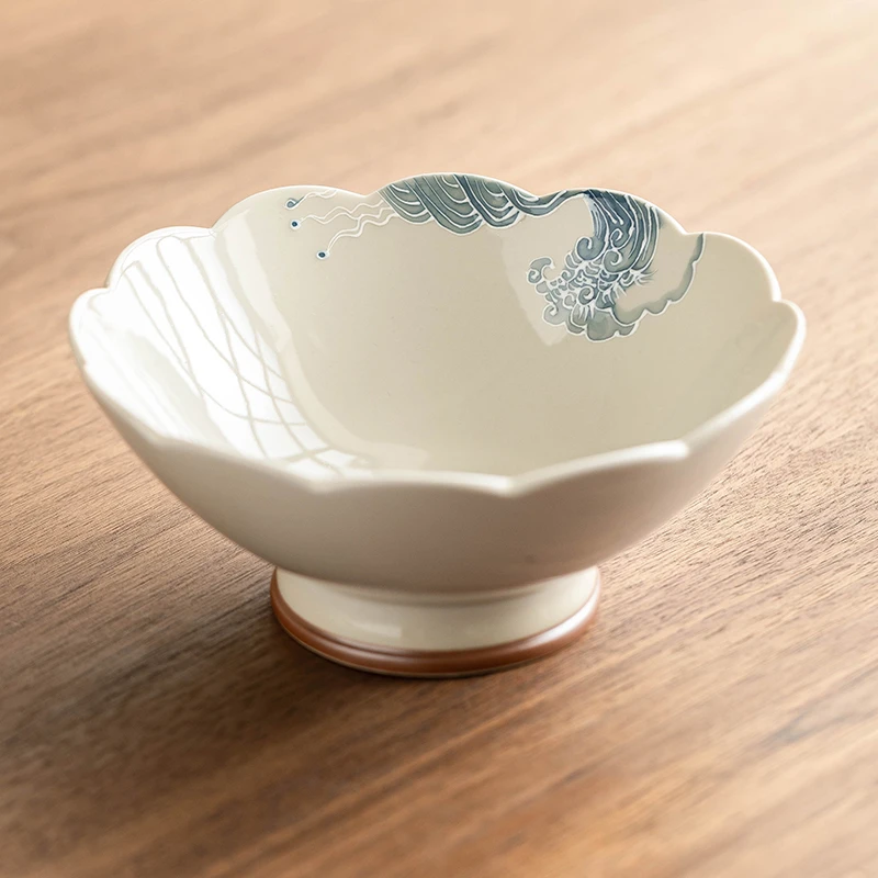 手绘堆雕海浪花型零食水果盘陶瓷托盘高脚茶点盘茶具配件茶道碟子