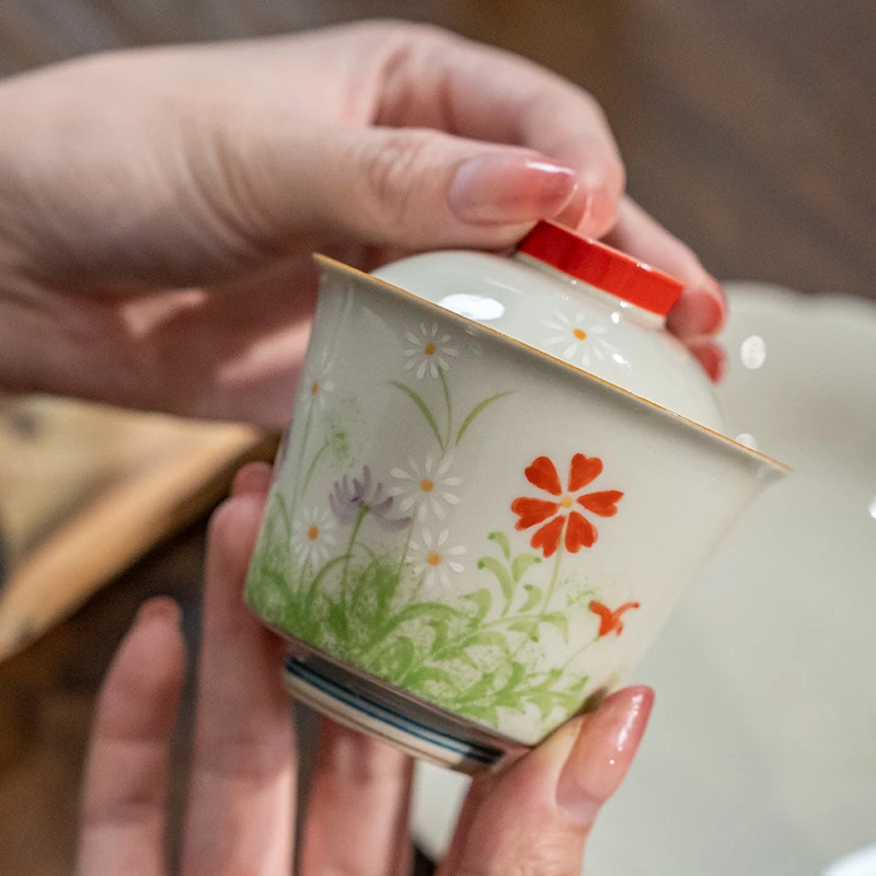 釉下手绘菊花小号泡茶碗家用二才盖碗陶瓷功夫茶具灰釉喝茶杯壶承