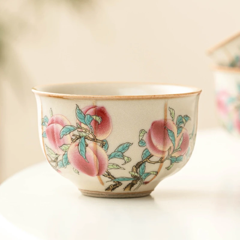 汝窑粉彩九桃茶杯单杯高档陶瓷茶具品茗杯中式家用喝茶功夫小客杯