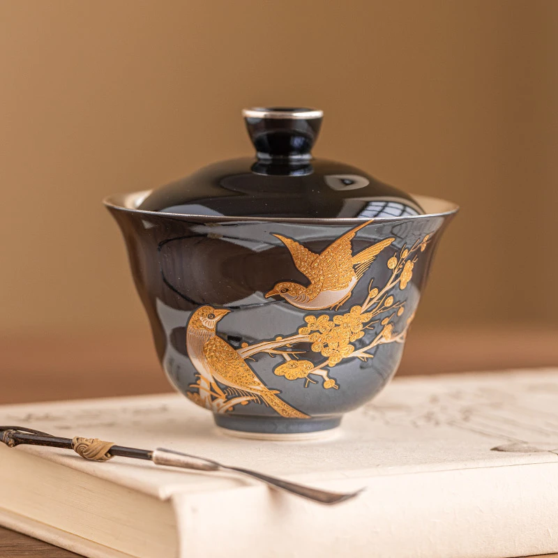 当代 珍珠釉盖碗茶杯单个高档泡茶碗家用小号999鎏银喝茶功夫茶具