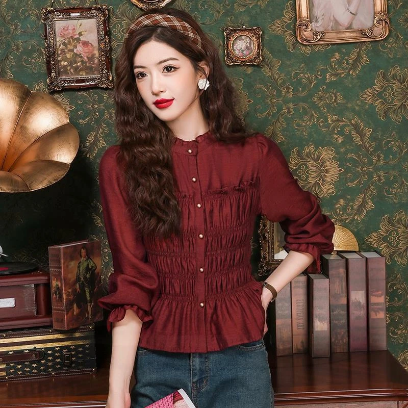 感红色荷叶边雪纺衫女春季设计感褶皱喇叭袖小衫修身打底上衣