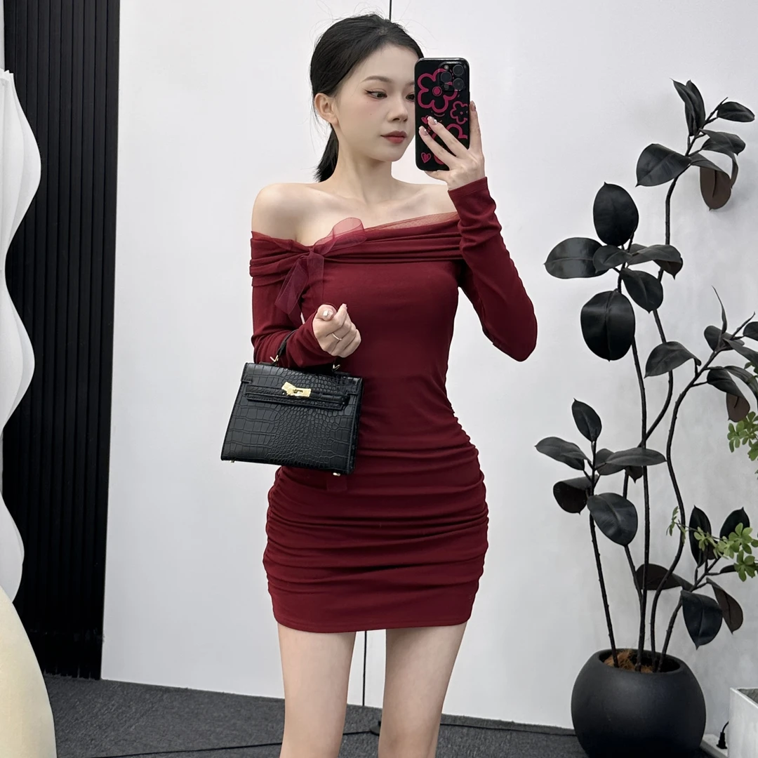 2024年秋冬新款韩系网纱蝴蝶结系带一字领修身长袖包臀T恤连衣裙