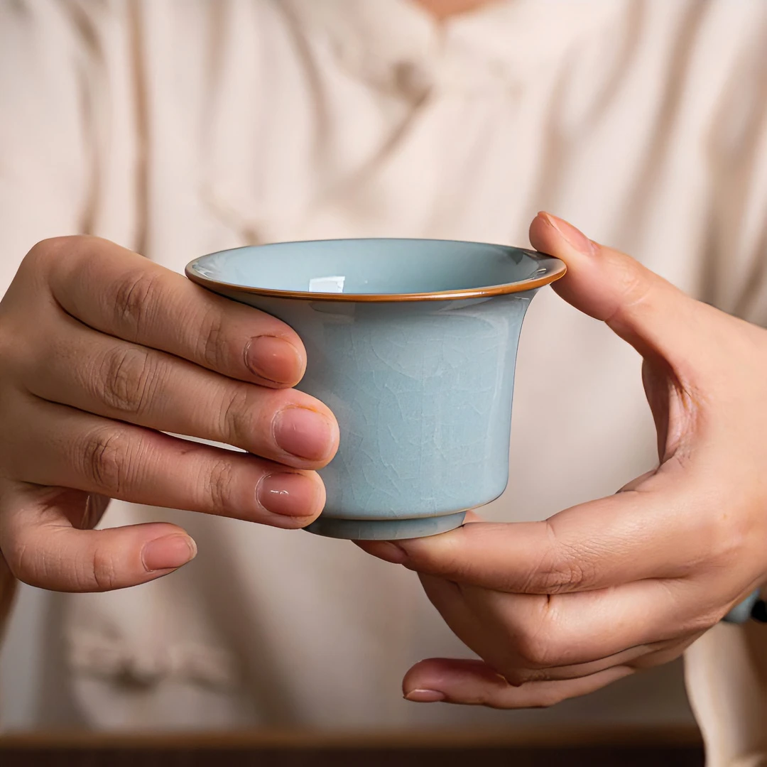 赵运圈天青月白马蹄杯80ml 纯手工支钉 高端茶具 汝州汝瓷直播间