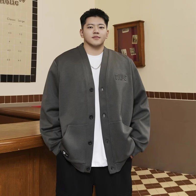 潮牌大码男装春秋季休闲V领开衫卫衣胖子宽松加肥加大百搭外套