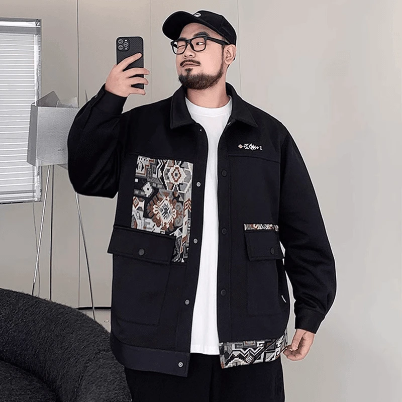潮牌大码男装秋季民族风拼接外套男胖子宽松休闲加肥加大夹克百搭