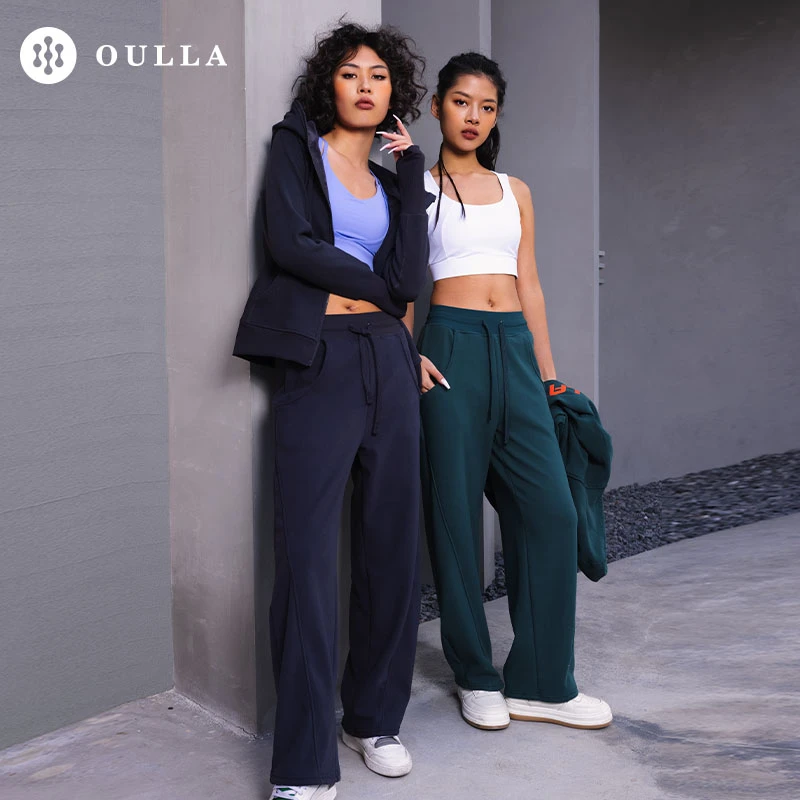 OULLA女款加绒运动休闲加厚高腰阔腿卫裤3686宽松