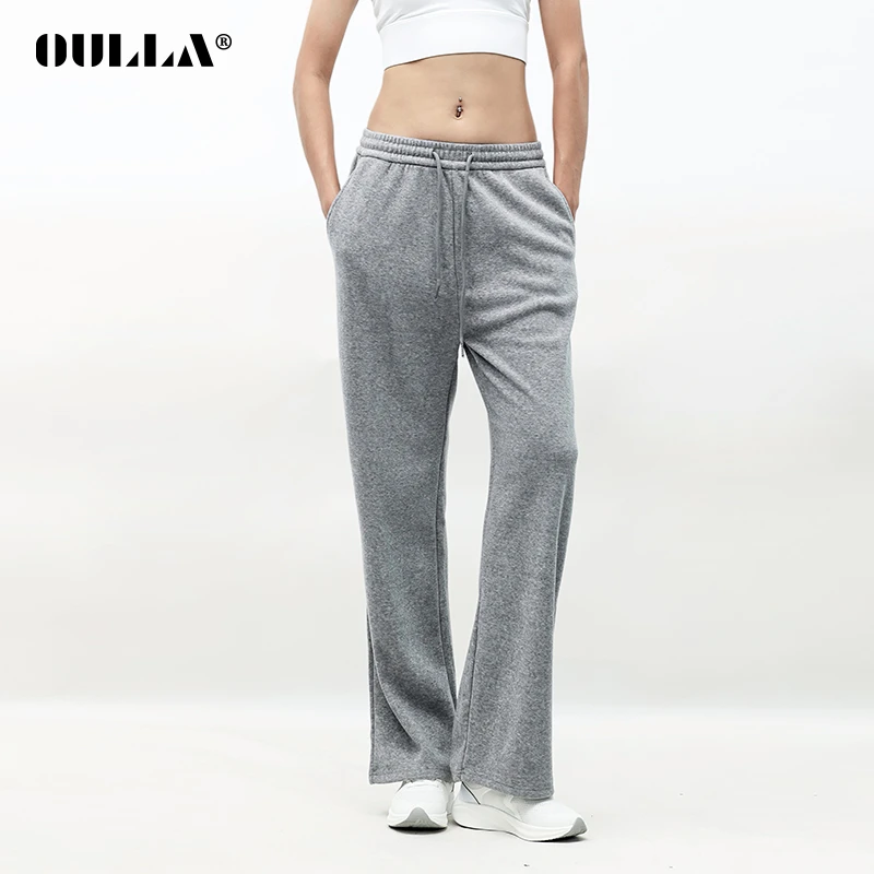 OULLA【达人】秋冬新款时尚高腰显瘦垂感阔腿裤加绒运动卫裤WK1668