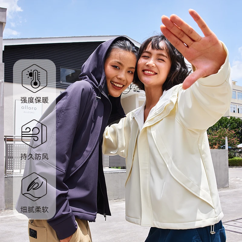 OULLA柔软户外连帽防风加绒保暖休闲秋冬运动软壳风衣EM3511