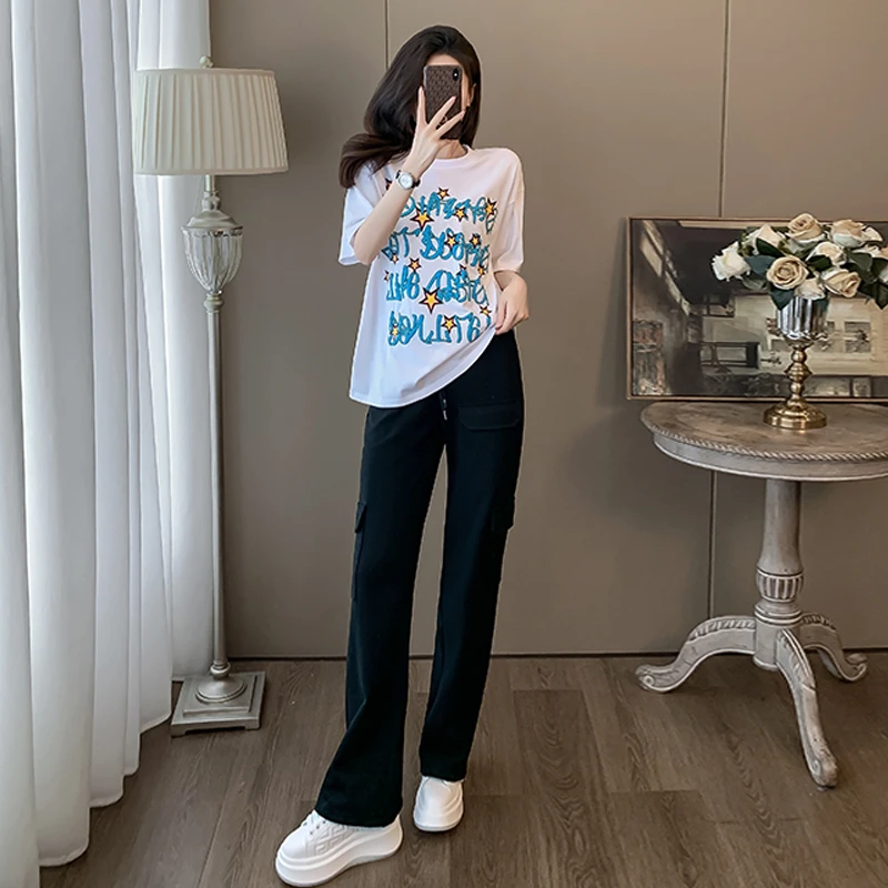 薏丝妮女夏时尚欧货洋气套装减龄短袖印花T恤黑色工装裤两件套