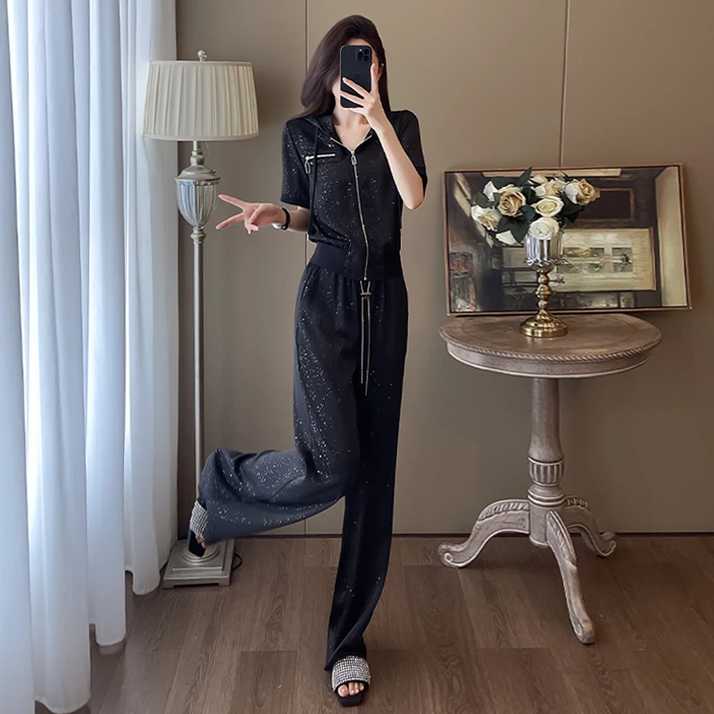 薏丝妮高级感时尚套装女夏气质显瘦烫钻连帽开衫上衣阔腿裤两件套