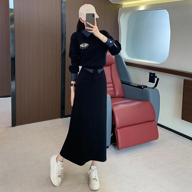 高级感时尚黑色套装裙女秋季新款御姐气质拼接卫衣半身裙两件套潮