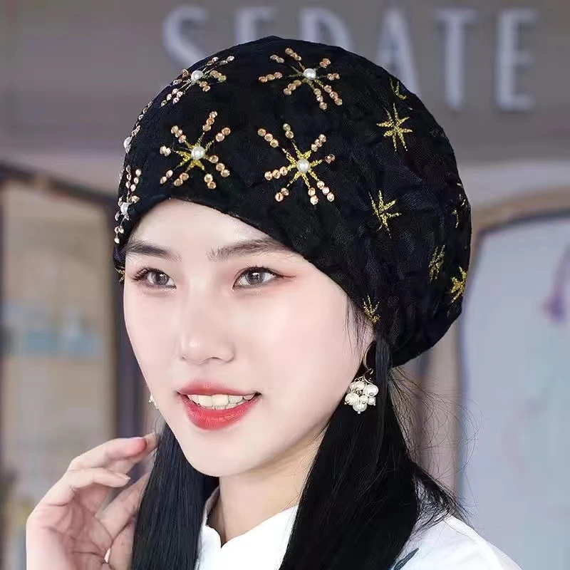 春夏薄款珍珠女款空调帽堆堆帽潮流百搭头巾帽时尚包头帽