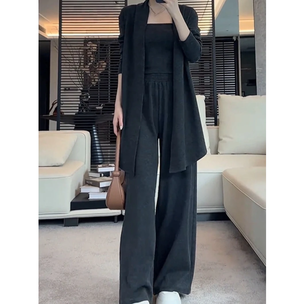 【长款三件套】春秋减龄开衫抹胸阔腿裤三件套慵懒休闲糯米套装2533